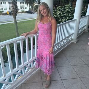 Anthropologie Pink Floral Tiered Midi Dress